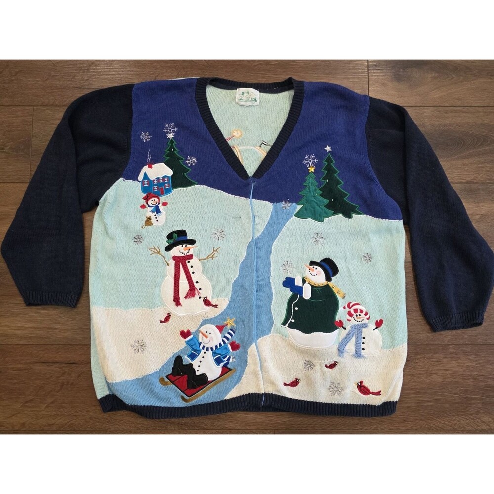 Quacker Factory Cardigan Sweater 2X ? Snowman Winter Christmas Vintage READ